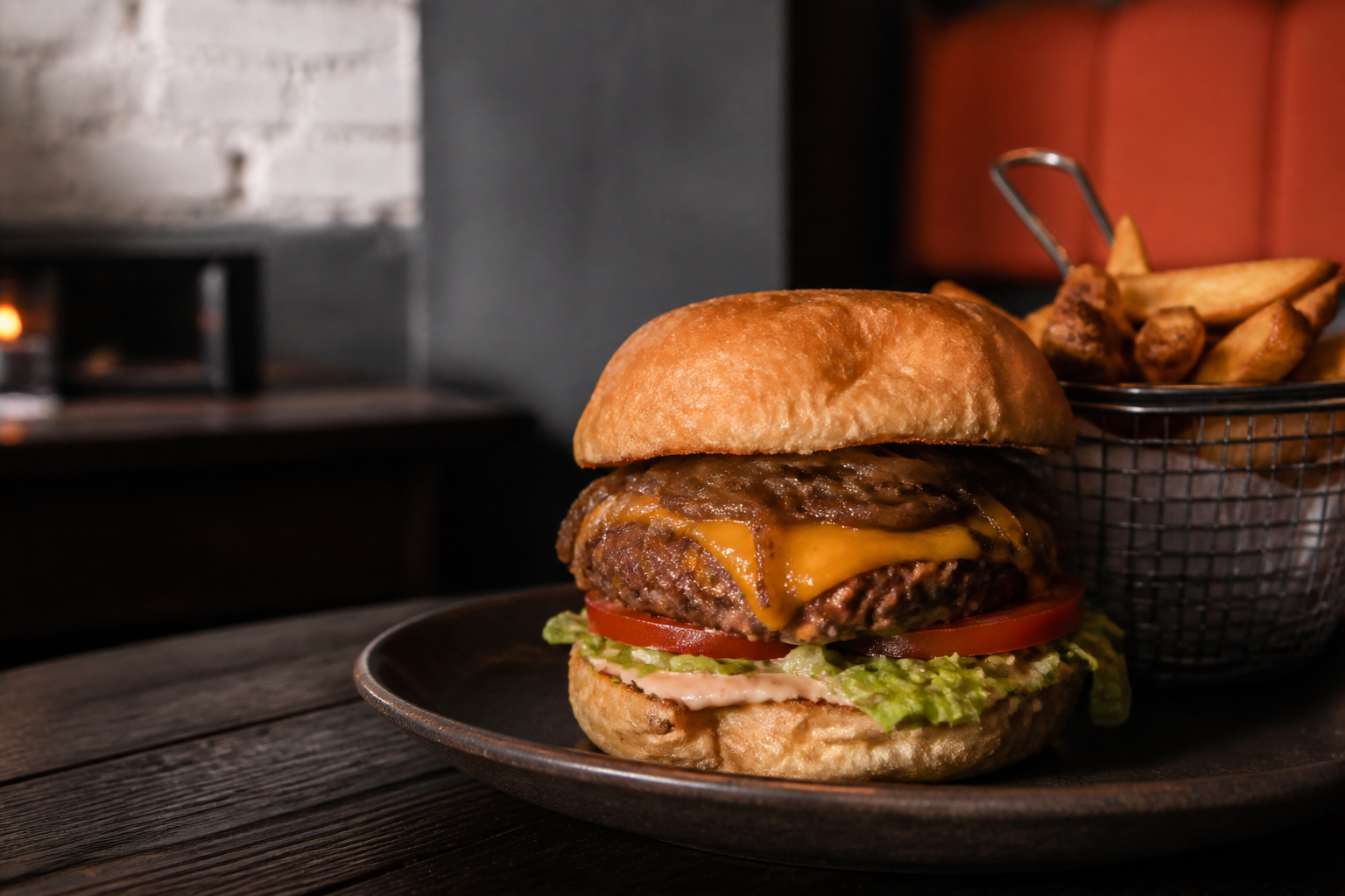 Handmade burger and fries on a dark ceramic plate