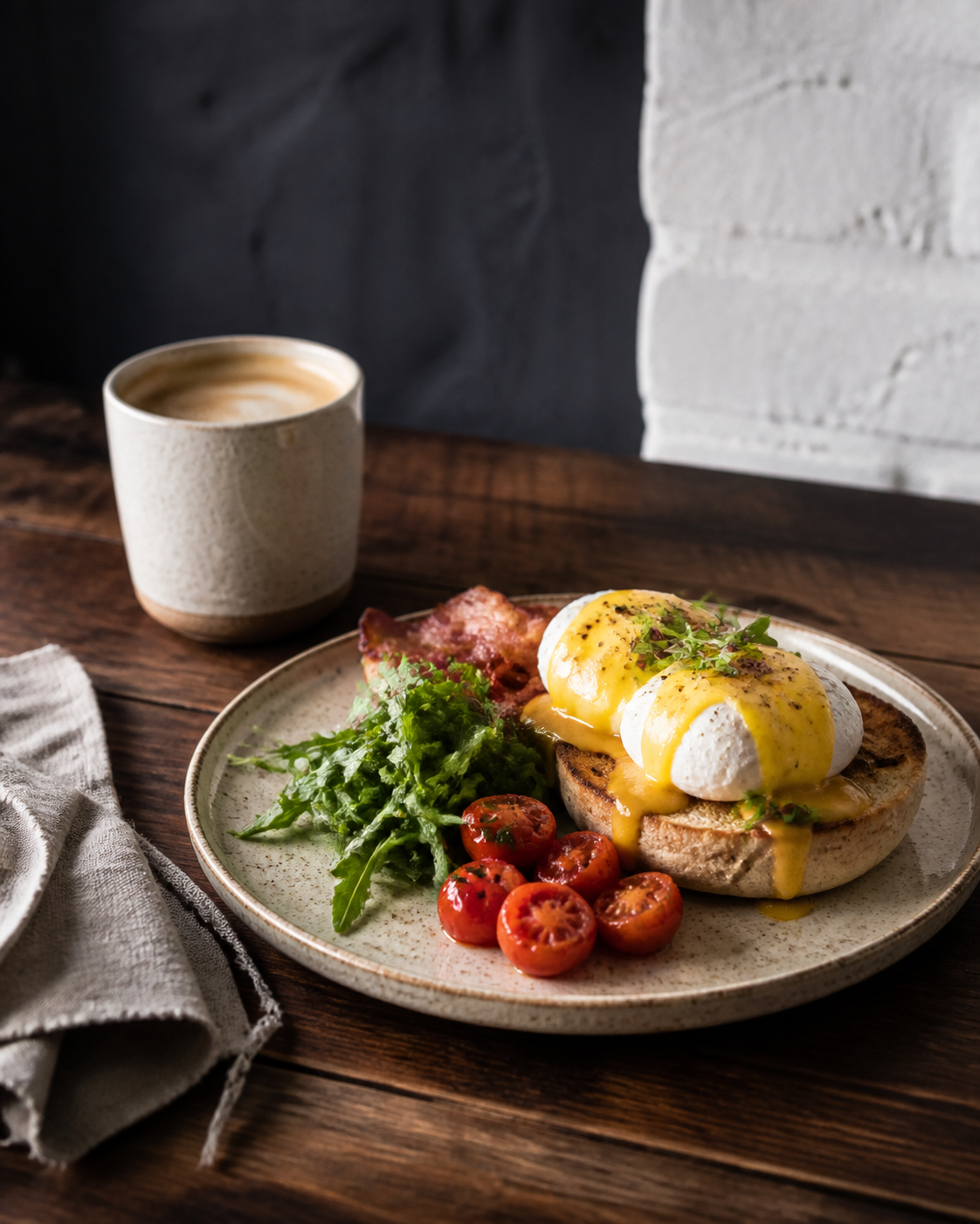 Breakfast bagel with poached eggs, bacon and rocket