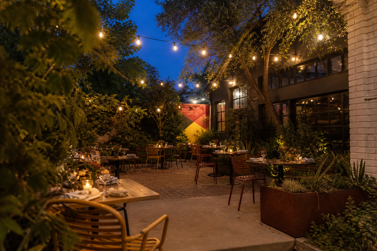 String-lit garden tables beside The BARN at dusk